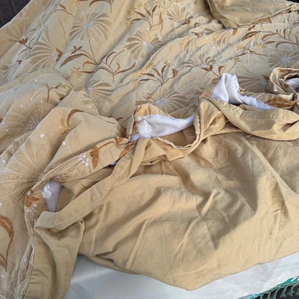 Vintage Duvet Cover Queen Ocre Beige Boho Yellow Floral Embroidered Vintage 2004